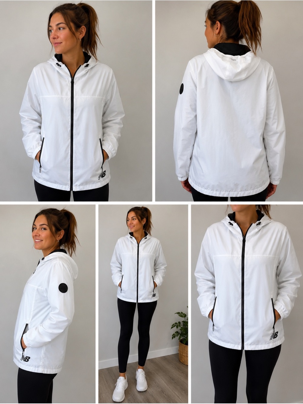 New Balance Women's White Hooded Windbreaker Jacket with Black Trim
